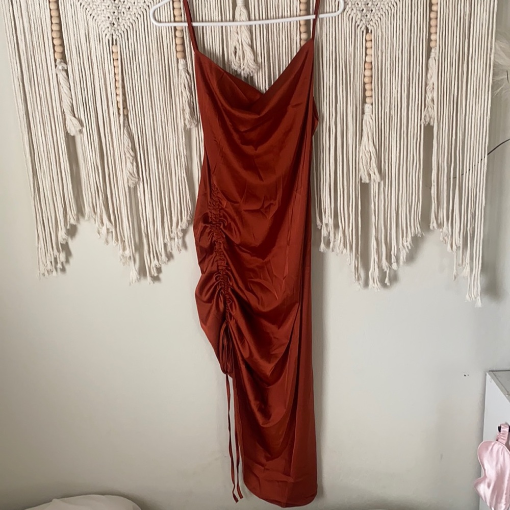 orange red rust colored silk asymmetrical dress w/ adjustable tie for length